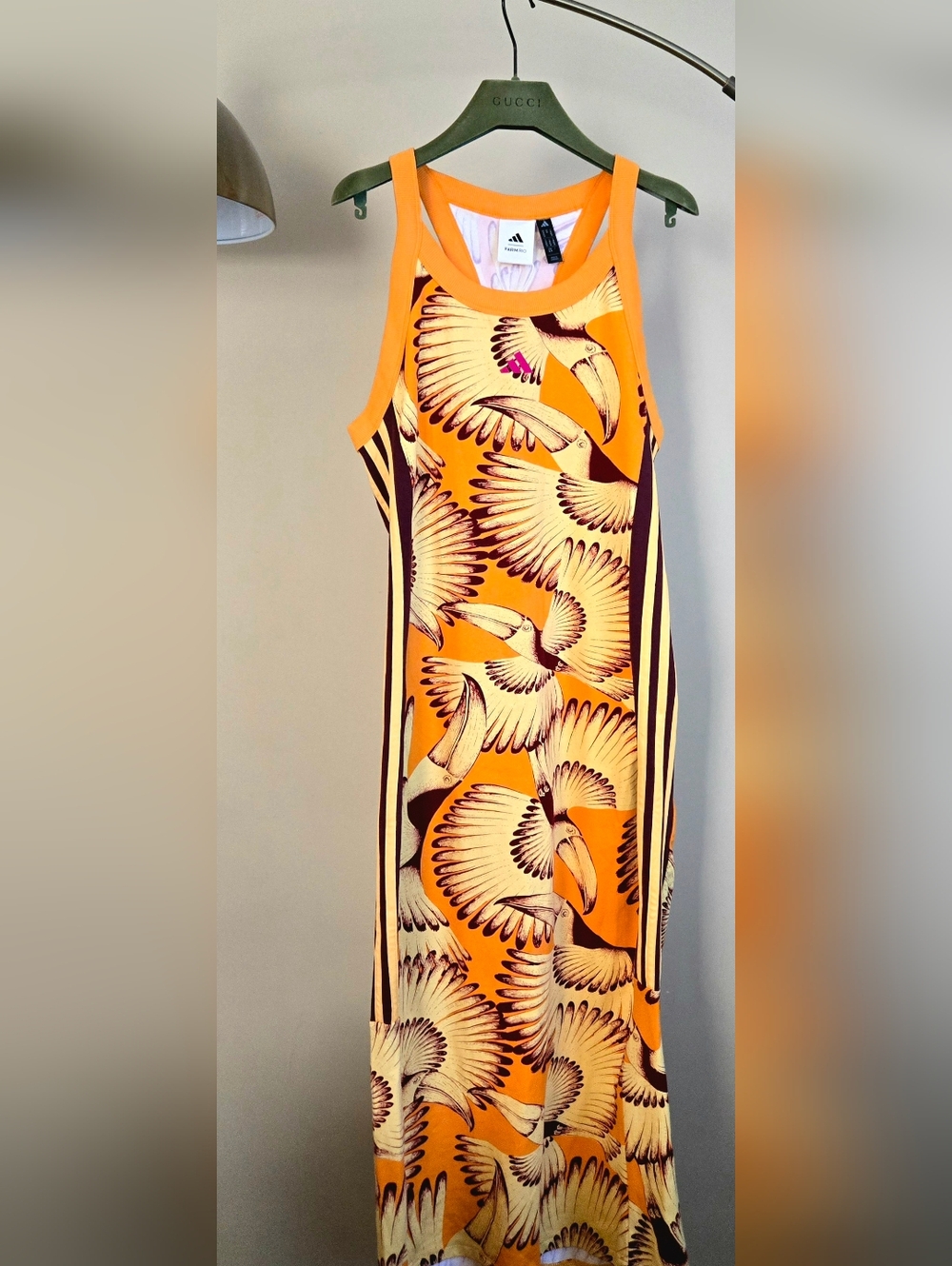NWT ADIDAS x FARM RIO Orange Graphic Tucan Print Slim Sleeveless Dress Size: M - Picture 1 of 12